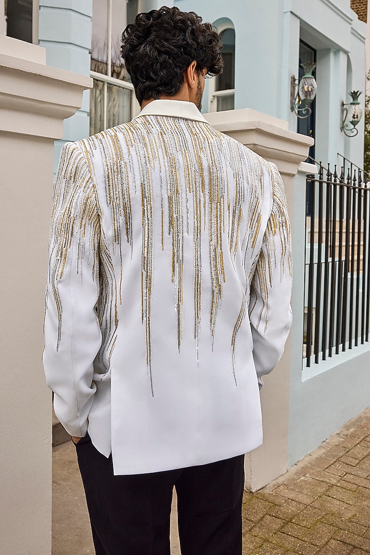 Ivory Satin Silver & Gold Embroidered Tuxedo Set by Seema Gujral Men at Pernia's Pop Up Shop