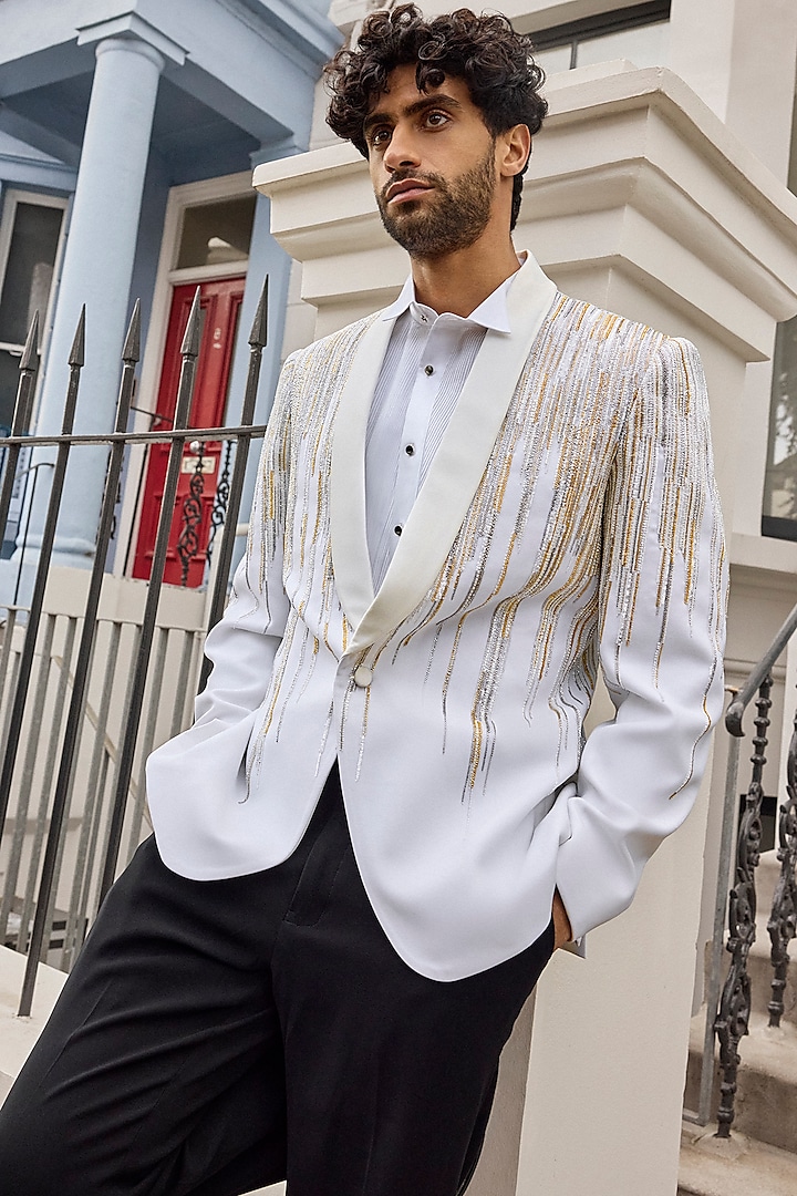 Ivory Satin Silver & Gold Embroidered Tuxedo Set by Seema Gujral Men at Pernia's Pop Up Shop