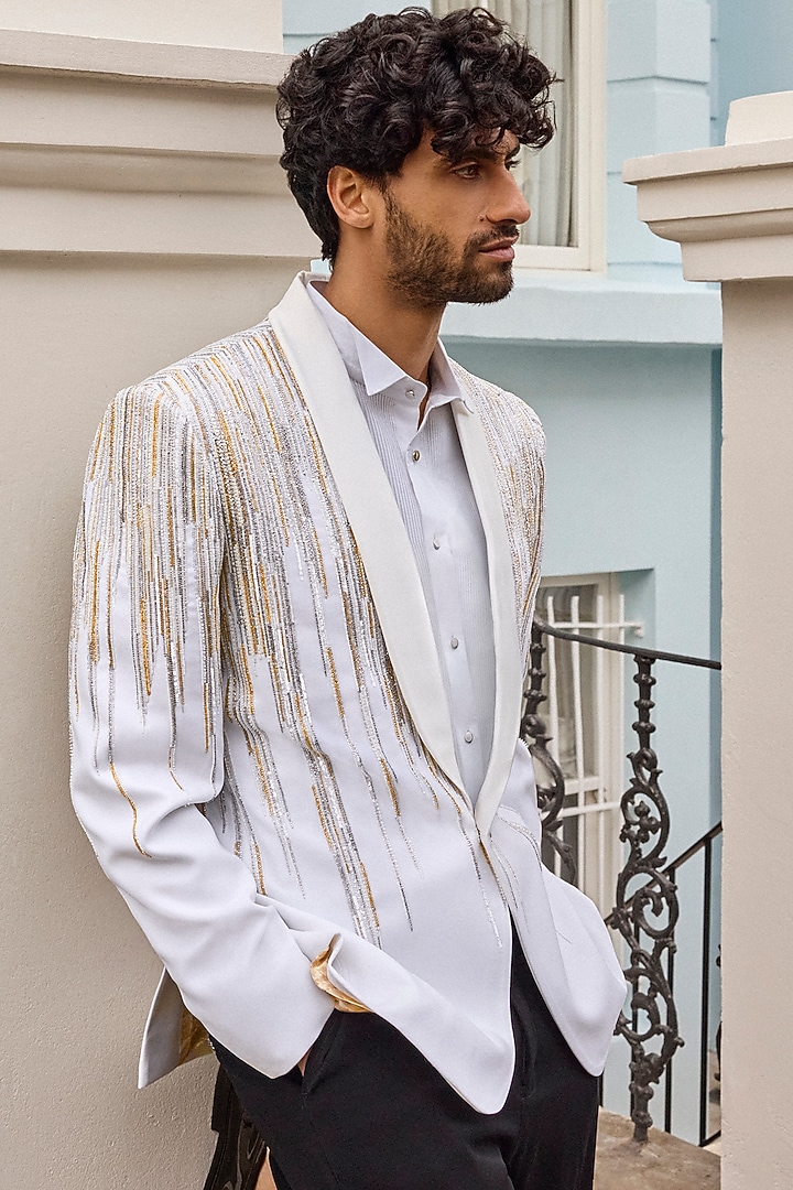 Ivory Satin Silver & Gold Embroidered Tuxedo Set by Seema Gujral Men at Pernia's Pop Up Shop