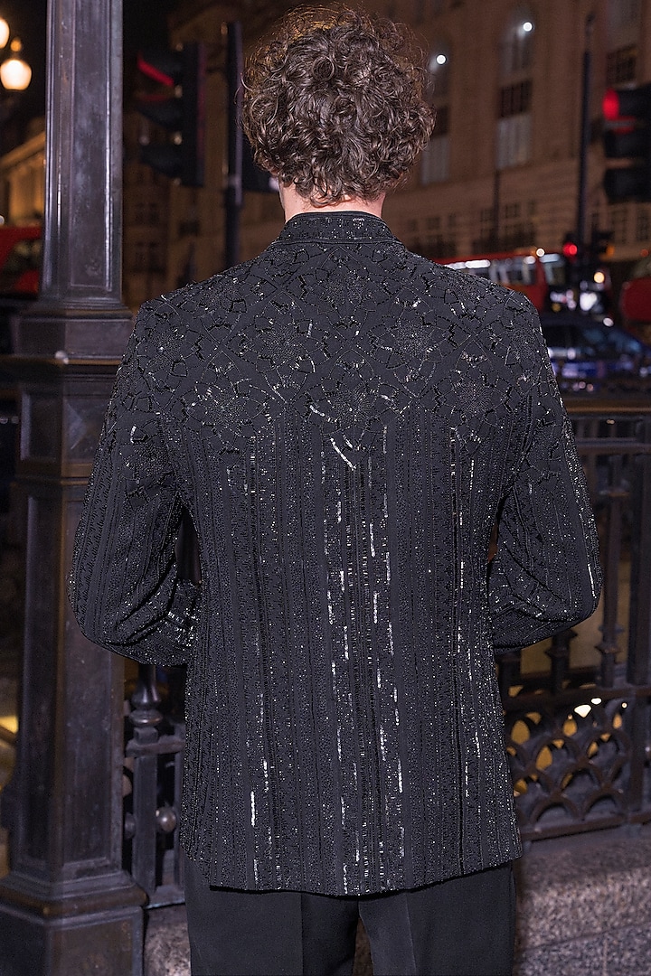 Black Cotton Bugle Bead Embroidered Groom Bandhgala Set by Seema Gujral Men at Pernia's Pop Up Shop