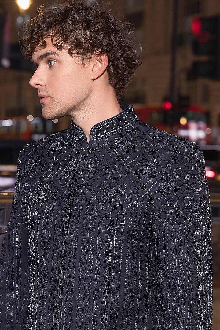 Black Cotton Bugle Bead Embroidered Groom Bandhgala Set by Seema Gujral Men at Pernia's Pop Up Shop