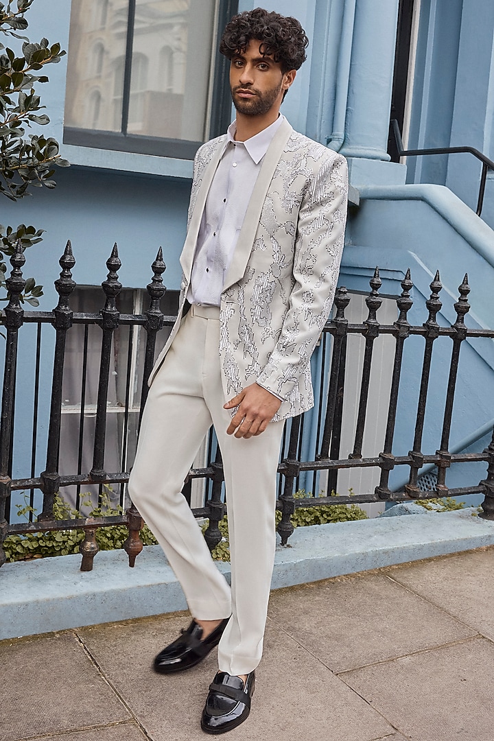 Ivory Satin Abstract Thread Embroidered Tuxedo Set by Seema Gujral Men at Pernia's Pop Up Shop