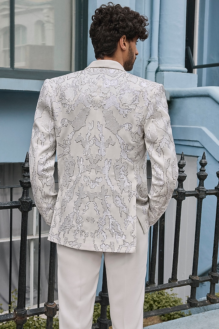 Ivory Satin Abstract Thread Embroidered Tuxedo Set by Seema Gujral Men at Pernia's Pop Up Shop