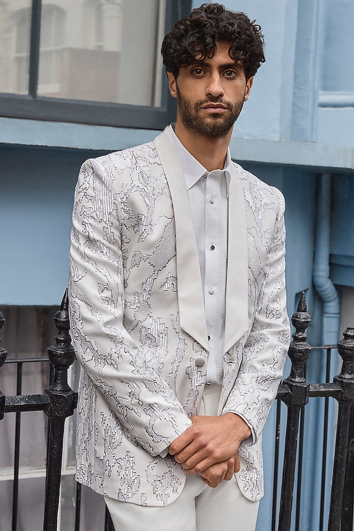 Ivory Satin Abstract Thread Embroidered Tuxedo Set by Seema Gujral Men at Pernia's Pop Up Shop