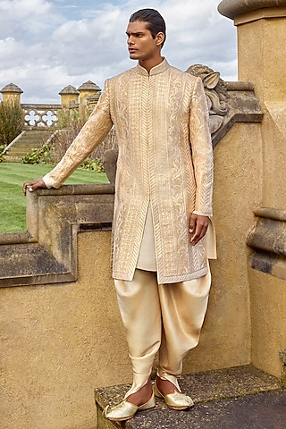 Rose Gold Raw Silk Ribbon Embroidered Sherwani Set by Seema Gujral Men