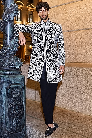 Black Silk Silver Thread Embroidered Sherwani Set by Seema Gujral Men