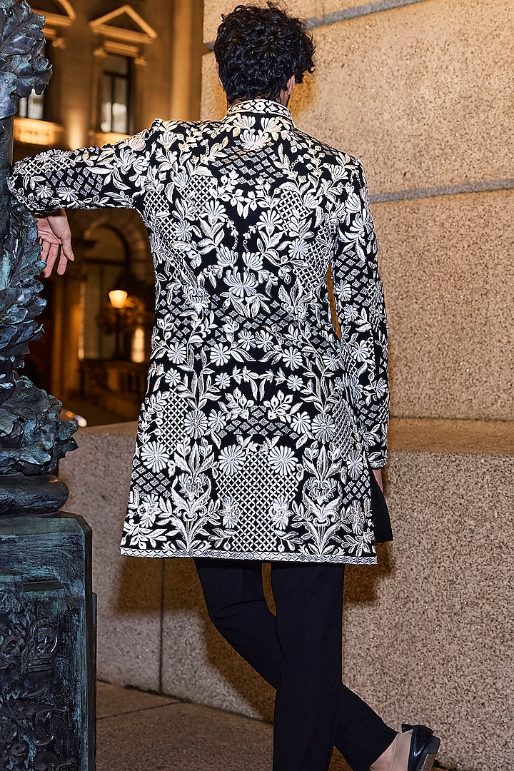Black Silk Silver Thread Embroidered Groom Sherwani Set by Seema Gujral Men at Pernia's Pop Up Shop