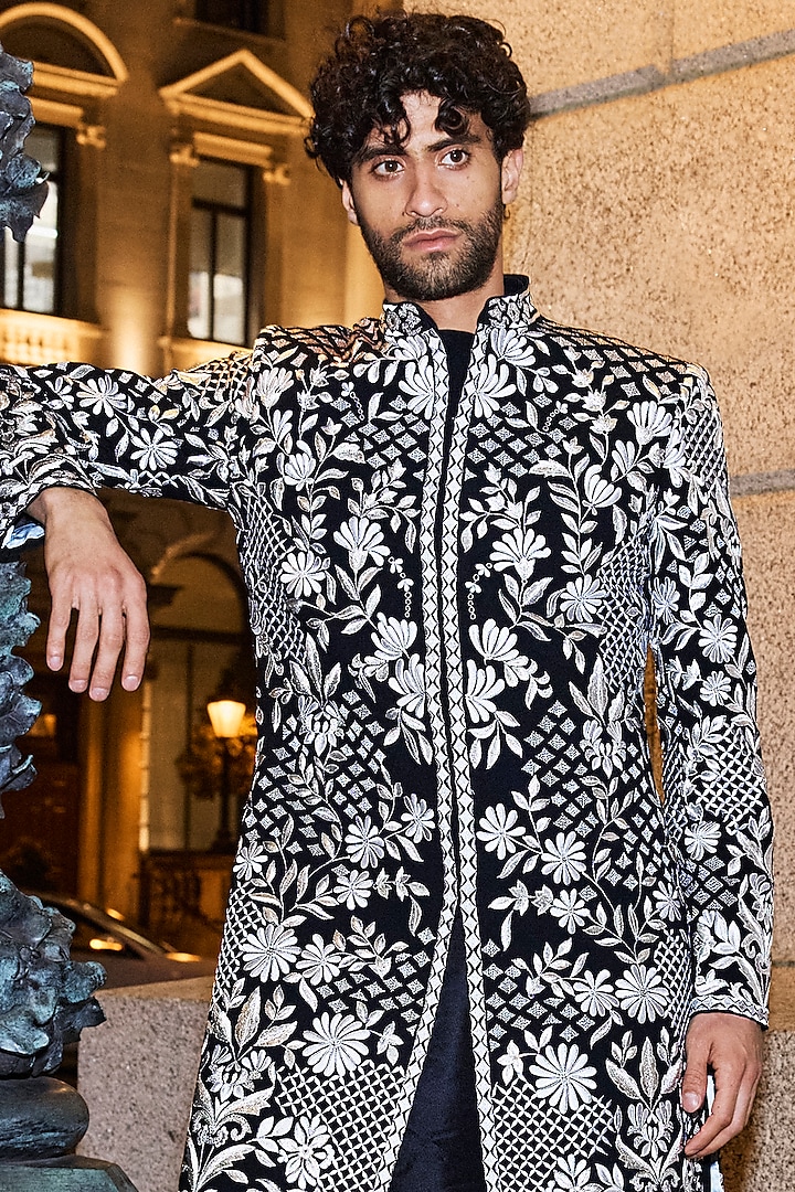 Black Silk Silver Thread Embroidered Groom Sherwani Set by Seema Gujral Men at Pernia's Pop Up Shop