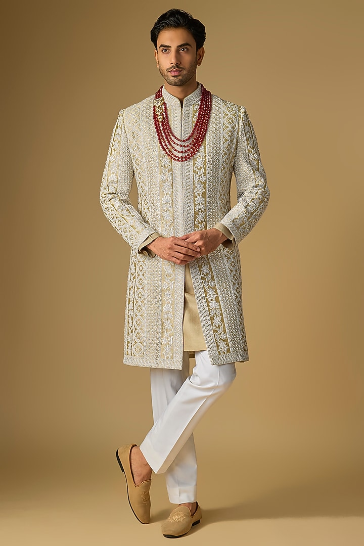 Gold & Ivory Silk Embroidered Groom Sherwani Set by Seema Gujral Men at Pernia's Pop Up Shop