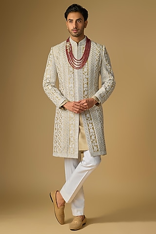 Gold & Ivory Silk Embroidered Sherwani Set by Seema Gujral Men