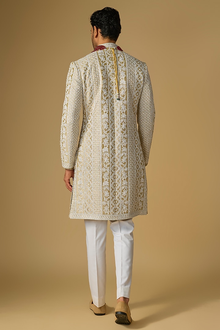 Gold & Ivory Silk Embroidered Groom Sherwani Set by Seema Gujral Men at Pernia's Pop Up Shop