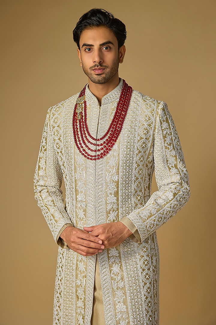 Gold & Ivory Silk Embroidered Groom Sherwani Set by Seema Gujral Men at Pernia's Pop Up Shop