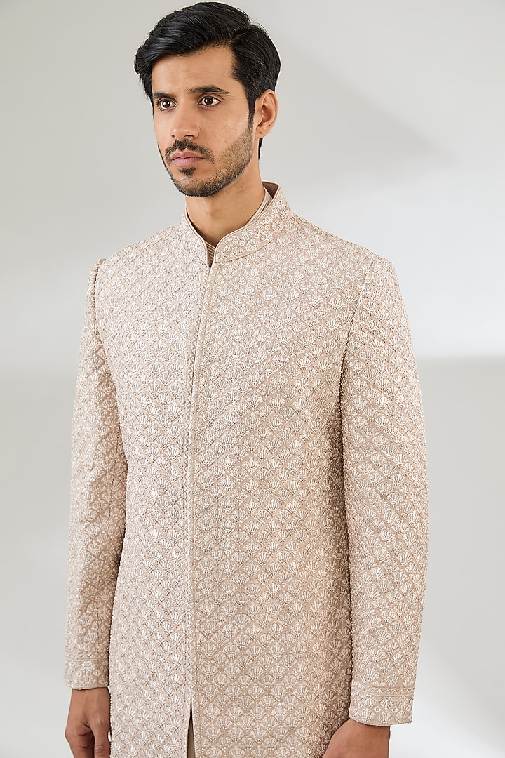 Ivory Raw Silk Embroidered Sherwani Set by Seema Gujral Men at Pernia's Pop Up Shop