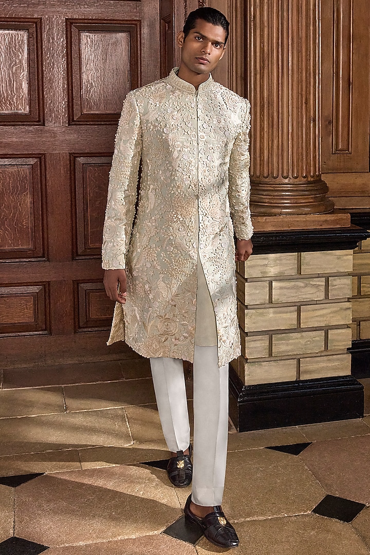 Sea Green Raw Silk Floral Embroidered Groom Sherwani Set by Seema Gujral Men at Pernia's Pop Up Shop