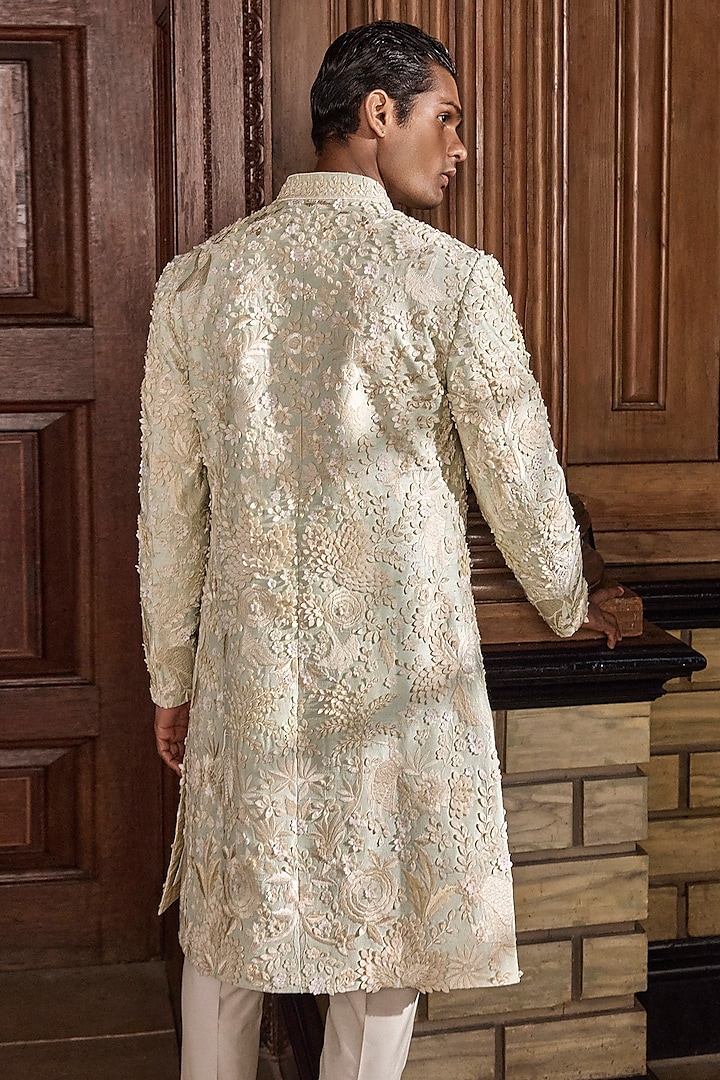Sea Green Raw Silk Floral Embroidered Groom Sherwani Set by Seema Gujral Men at Pernia's Pop Up Shop