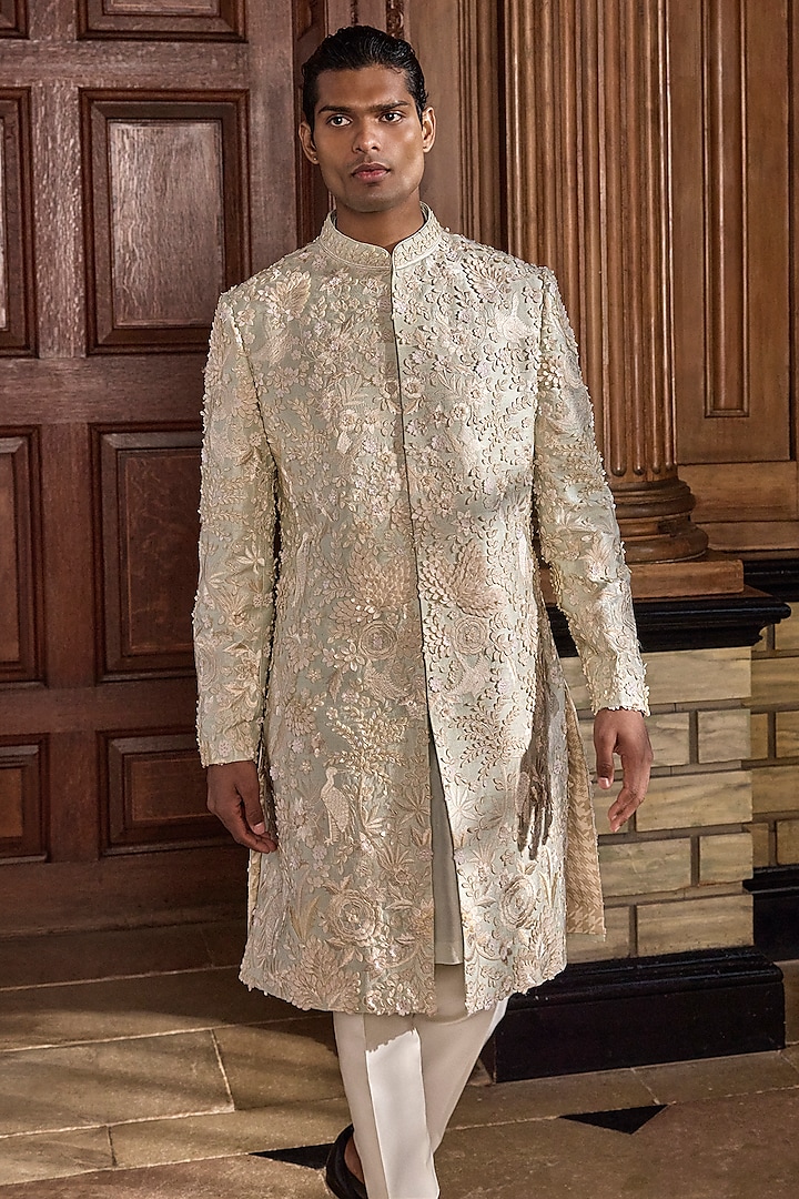Sea Green Raw Silk Floral Embroidered Groom Sherwani Set by Seema Gujral Men at Pernia's Pop Up Shop