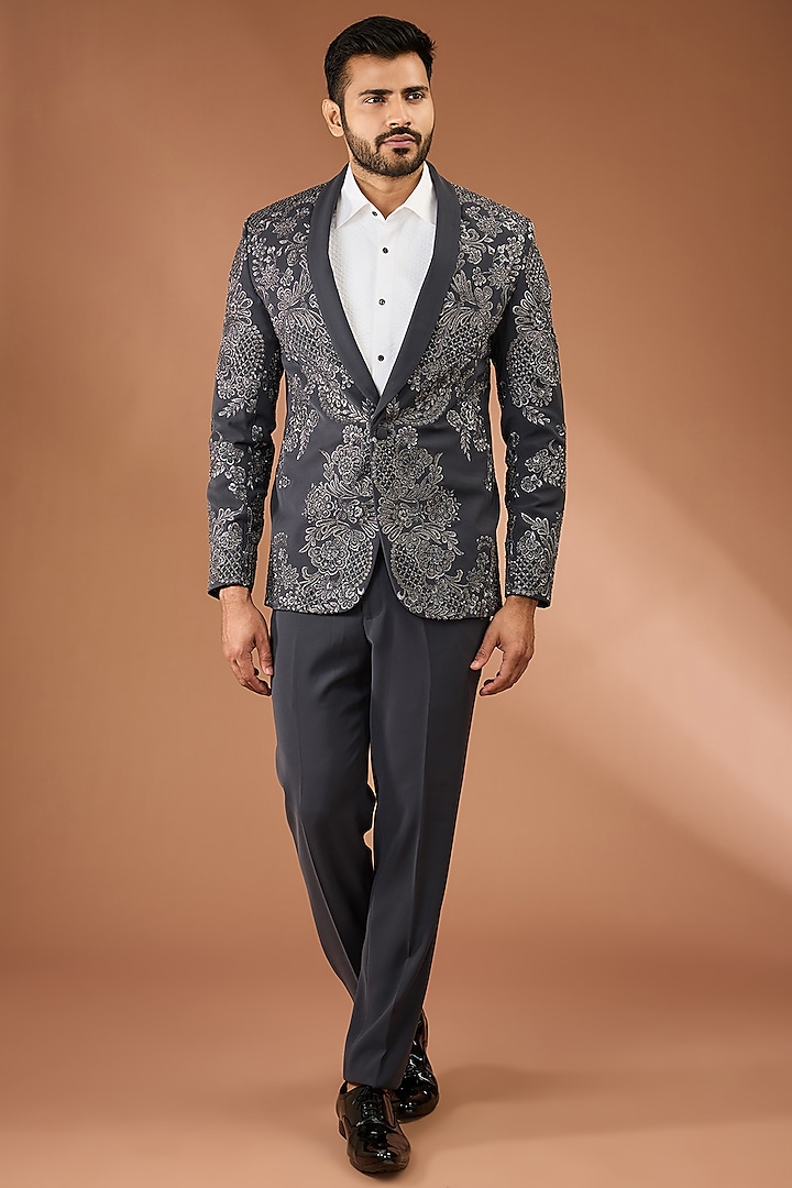 Black Suiting Fabric Embroidered Tuxedo Set by Seema Gujral Men