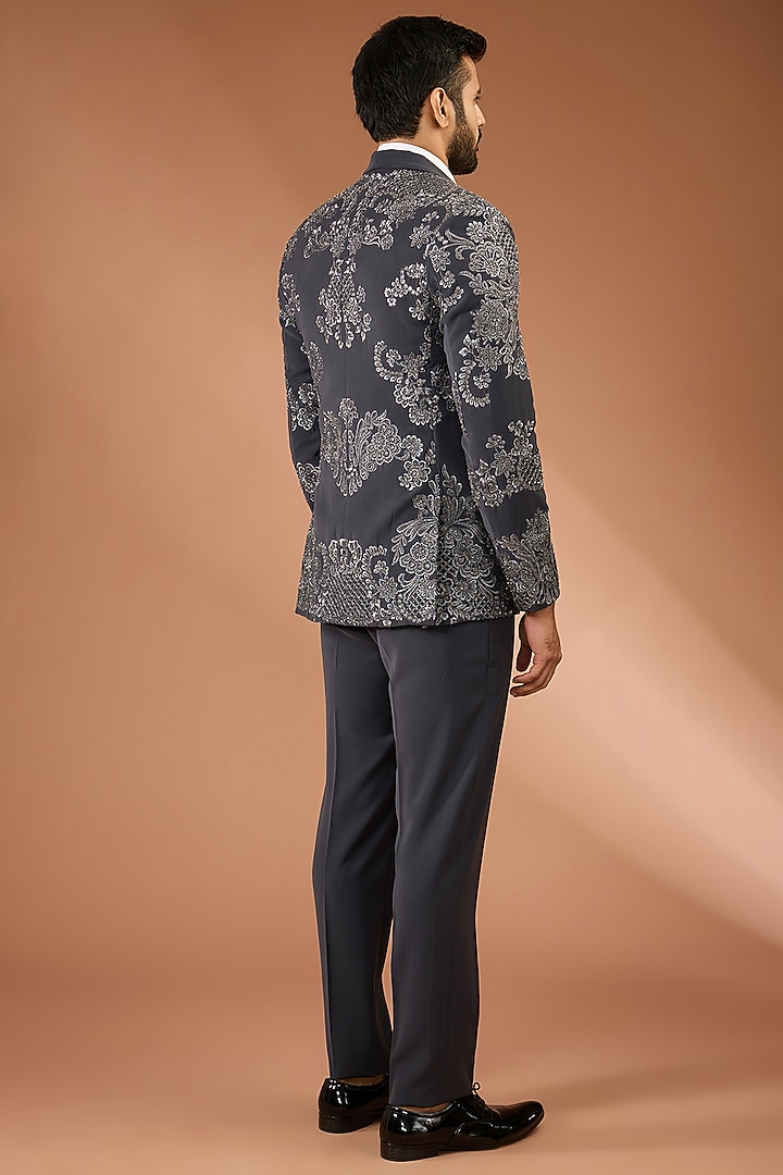 Black Suiting Fabric Embroidered Tuxedo Set by Seema Gujral Men at Pernia's Pop Up Shop