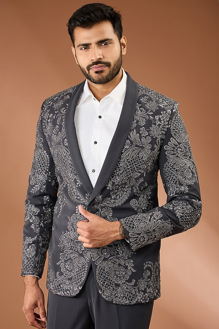 Black Suiting Fabric Embroidered Tuxedo Set by Seema Gujral Men at Pernia's Pop Up Shop