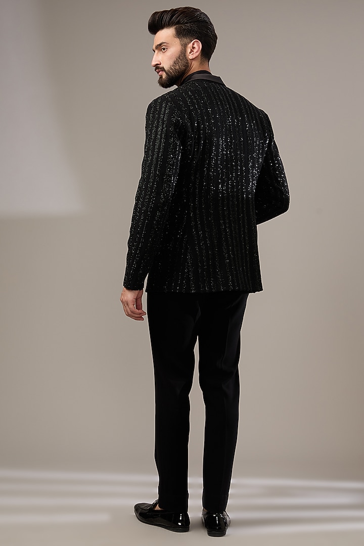 Black Silk Embroidered Tuxedo Set by Seema Gujral Men at Pernia's Pop Up Shop