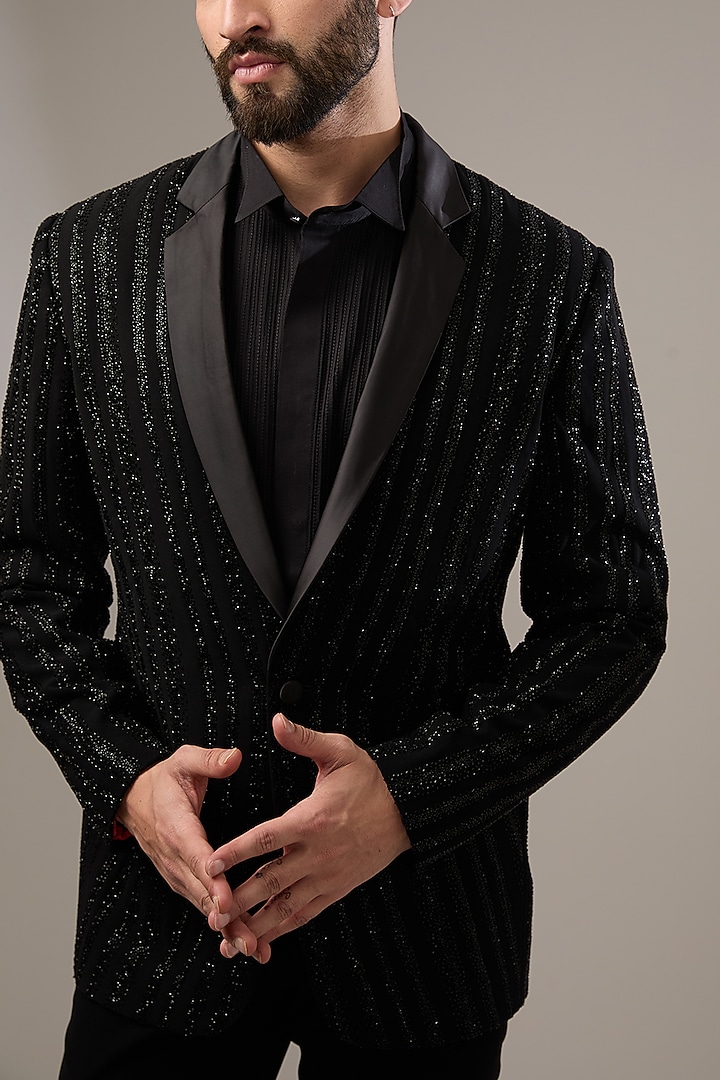 Black Silk Embroidered Tuxedo Set by Seema Gujral Men at Pernia's Pop Up Shop