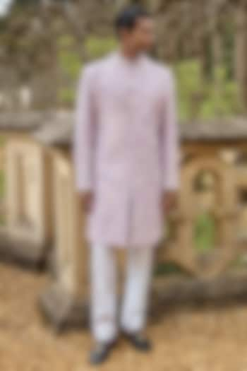 Mauve Raw Silk Pearl Embroidered Sherwani Set by Seema Gujral Men