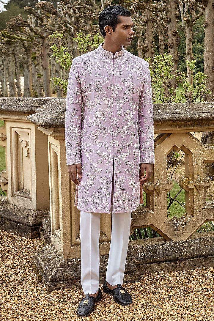 Mauve Raw Silk Pearl Embroidered Sherwani Set by Seema Gujral Men