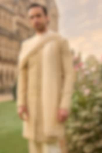 Ivory Silk Thread Embroidered Groom Sherwani Set by Seema Gujral Men at Pernia's Pop Up Shop