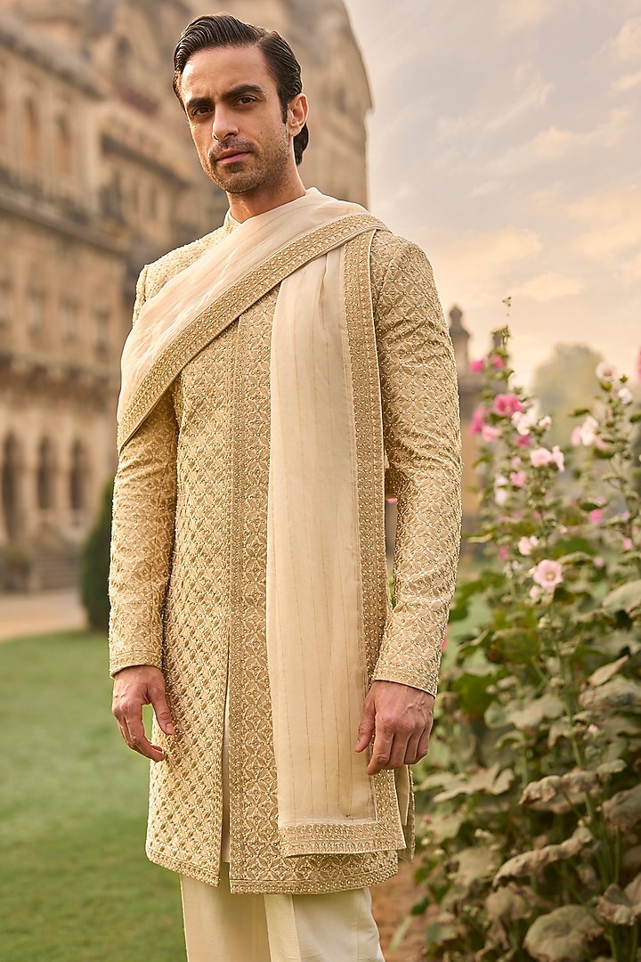 Ivory Silk Thread Embroidered Groom Sherwani Set by Seema Gujral Men at Pernia's Pop Up Shop
