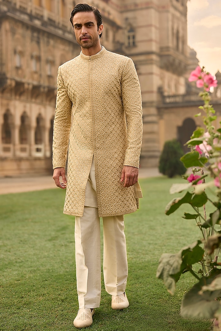 Ivory Silk Thread Embroidered Groom Sherwani Set by Seema Gujral Men at Pernia's Pop Up Shop