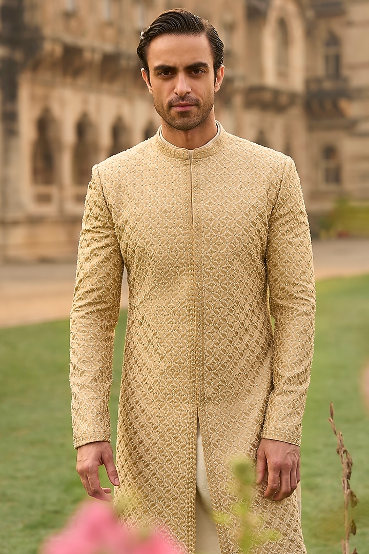 Ivory Silk Thread Embroidered Groom Sherwani Set by Seema Gujral Men at Pernia's Pop Up Shop