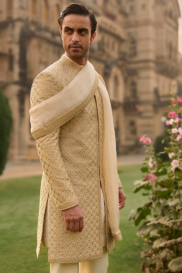 Ivory Silk Thread Embroidered Groom Sherwani Set by Seema Gujral Men at Pernia's Pop Up Shop