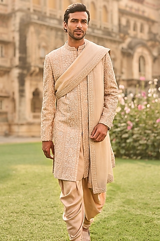 Rose Gold Silk Zari Embroidered Sherwani Set by Seema Gujral Men