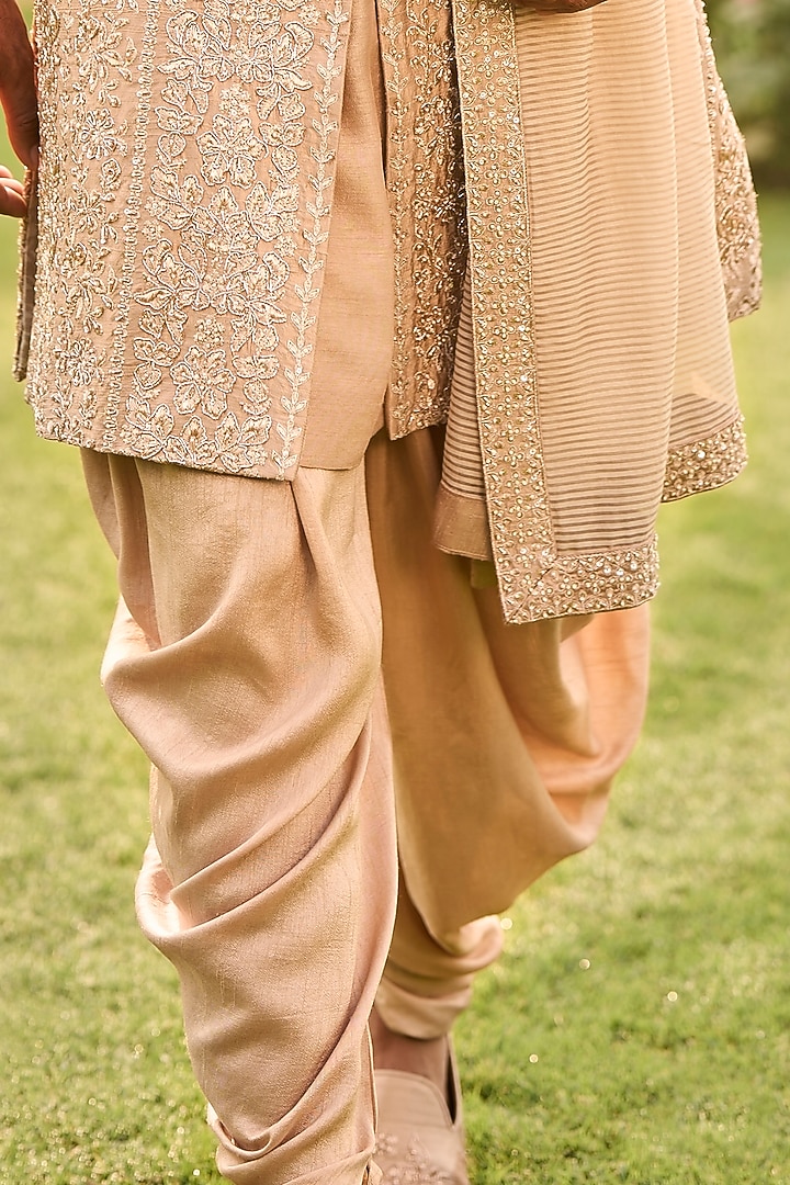 Rose Gold Silk Zari Embroidered Groom Sherwani Set by Seema Gujral Men at Pernia's Pop Up Shop