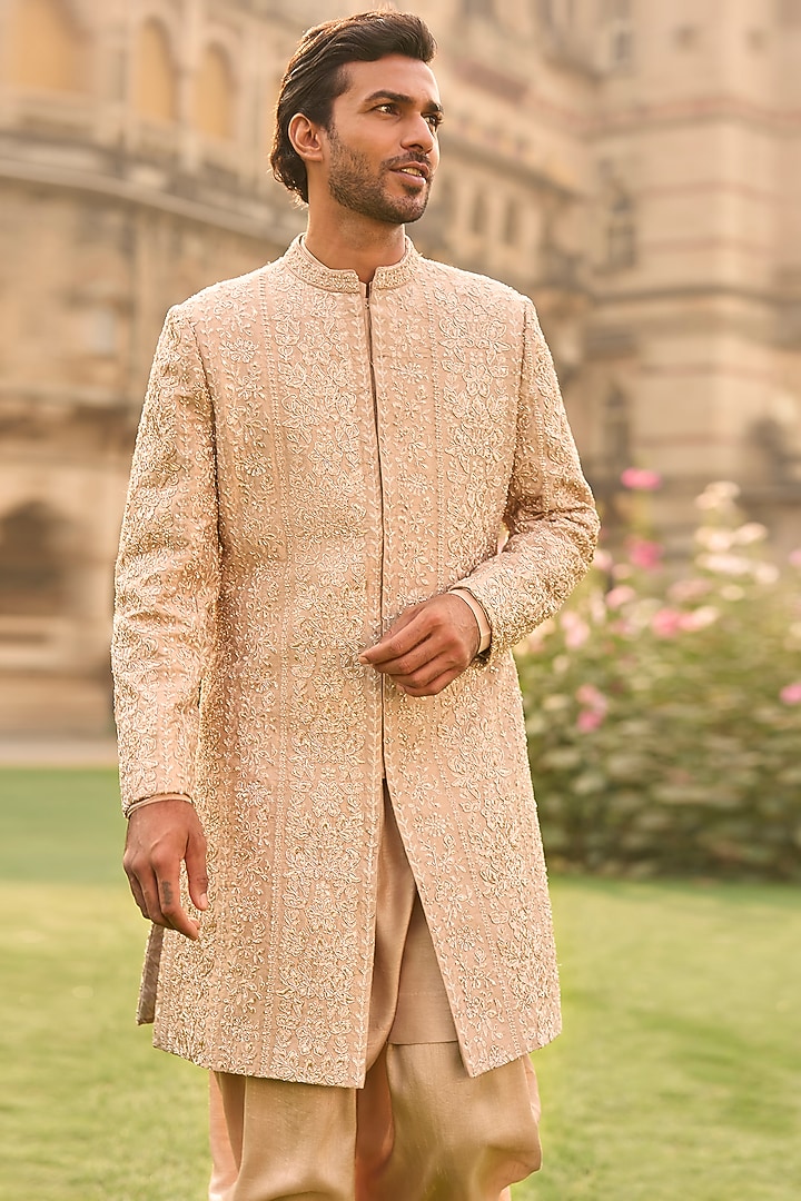 Rose Gold Silk Zari Embroidered Groom Sherwani Set by Seema Gujral Men at Pernia's Pop Up Shop