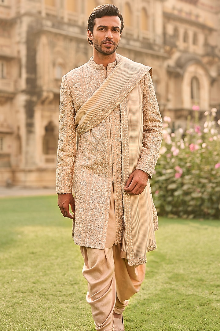 Rose Gold Silk Zari Embroidered Groom Sherwani Set by Seema Gujral Men at Pernia's Pop Up Shop