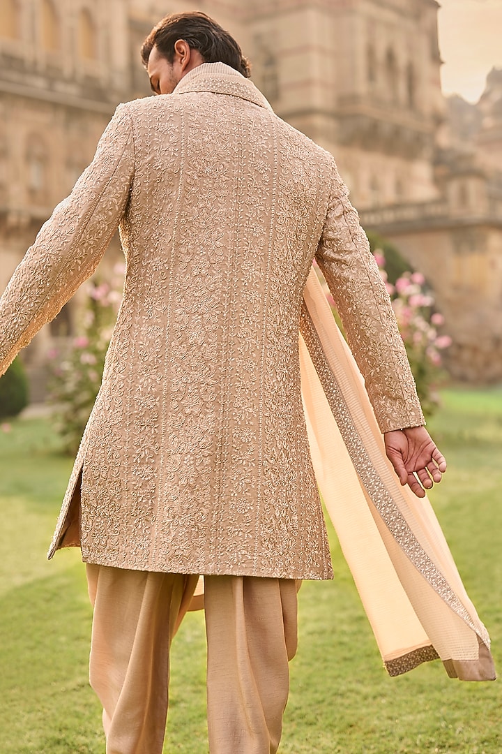 Rose Gold Silk Zari Embroidered Groom Sherwani Set by Seema Gujral Men at Pernia's Pop Up Shop