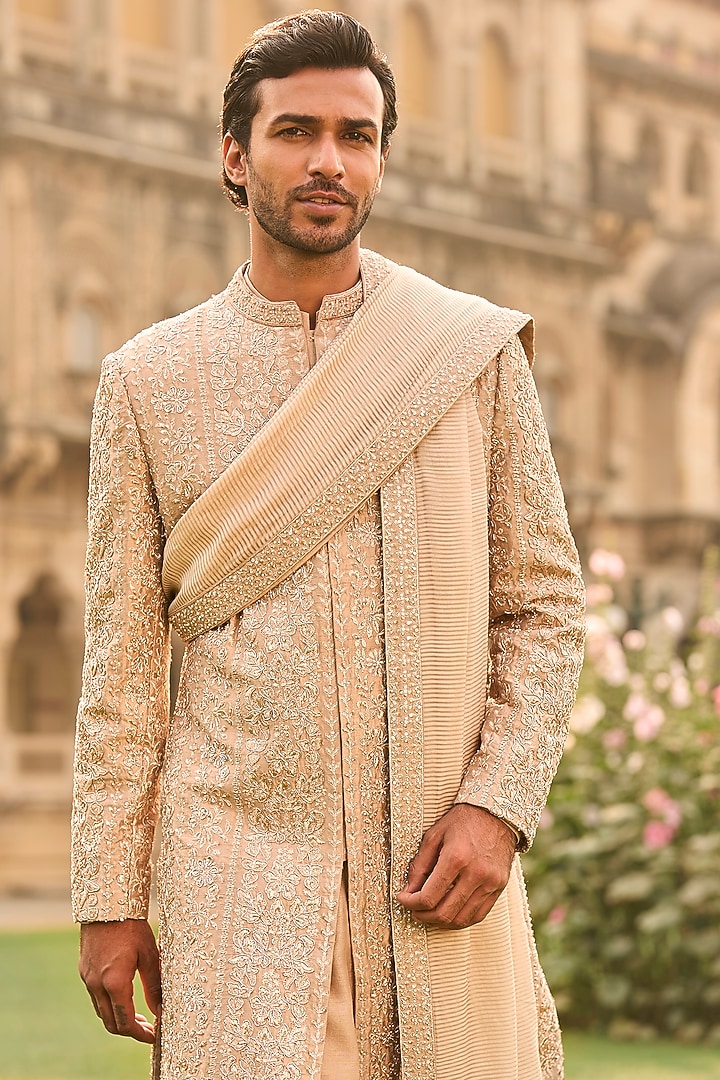 Rose Gold Silk Zari Embroidered Groom Sherwani Set by Seema Gujral Men at Pernia's Pop Up Shop