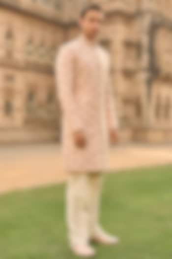 Powder Peach Raw Silk Thread Embroidered Groom Sherwani Set by Seema Gujral Men at Pernia's Pop Up Shop