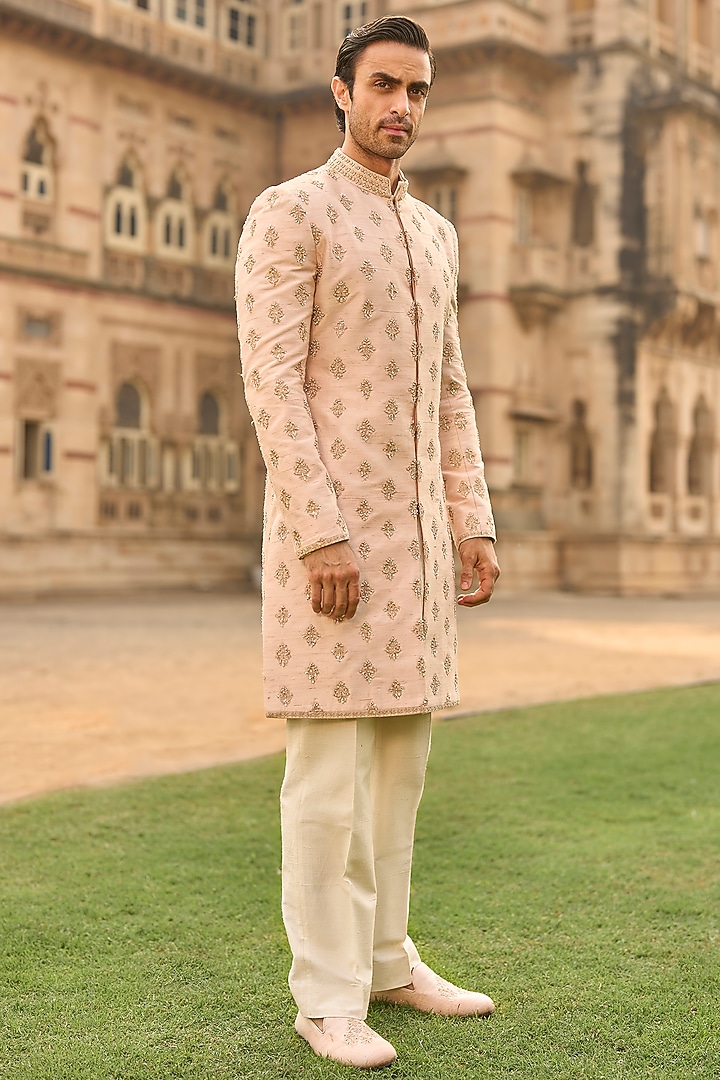 Powder Peach Raw Silk Thread Embroidered Groom Sherwani Set by Seema Gujral Men at Pernia's Pop Up Shop