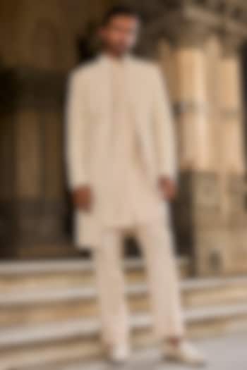 Beige Linen Satin Pearl Embroidered Open-Groom Sherwani Set by Seema Gujral Men at Pernia's Pop Up Shop