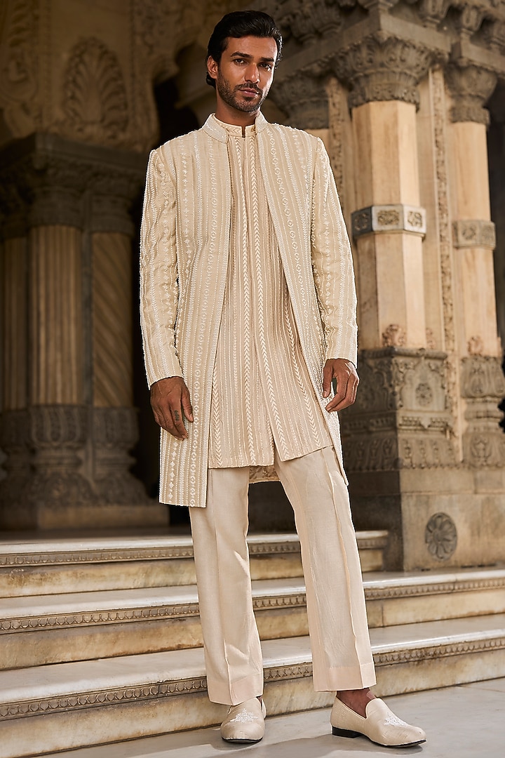 Beige Linen Satin Pearl Embroidered Open-Groom Sherwani Set by Seema Gujral Men at Pernia's Pop Up Shop