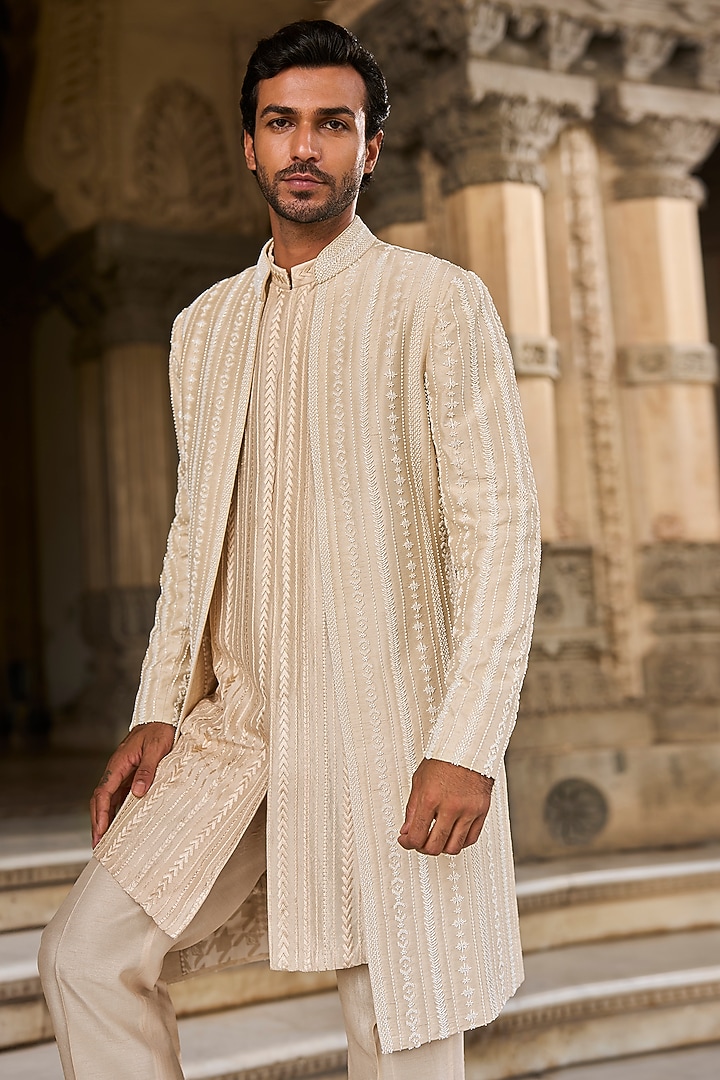 Beige Linen Satin Pearl Embroidered Open-Groom Sherwani Set by Seema Gujral Men at Pernia's Pop Up Shop