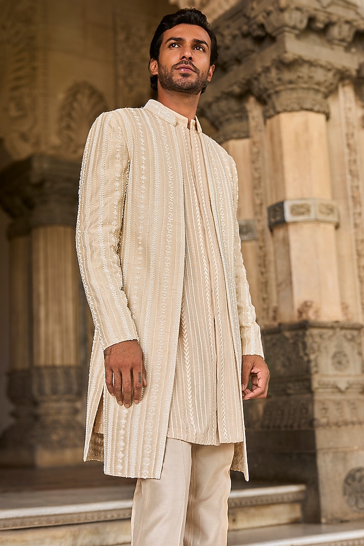 Beige Linen Satin Pearl Embroidered Open-Groom Sherwani Set by Seema Gujral Men at Pernia's Pop Up Shop
