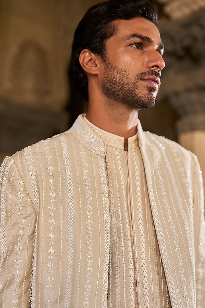 Beige Linen Satin Pearl Embroidered Open-Groom Sherwani Set by Seema Gujral Men at Pernia's Pop Up Shop
