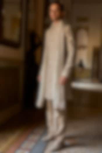 Ash Grey Raw Silk Thread Embroidered Groom Sherwani Set by Seema Gujral Men at Pernia's Pop Up Shop