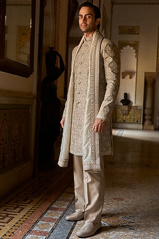 Ash Grey Raw Silk Thread Embroidered Sherwani Set by Seema Gujral Men