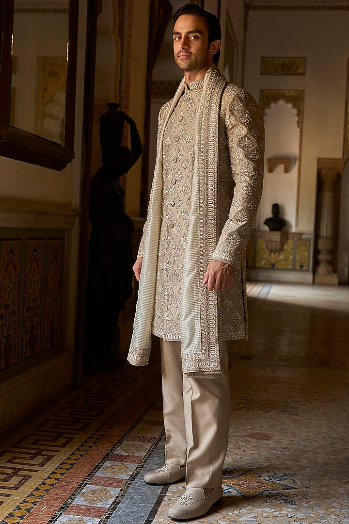 Ash Grey Raw Silk Thread Embroidered Groom Sherwani Set by Seema Gujral Men at Pernia's Pop Up Shop