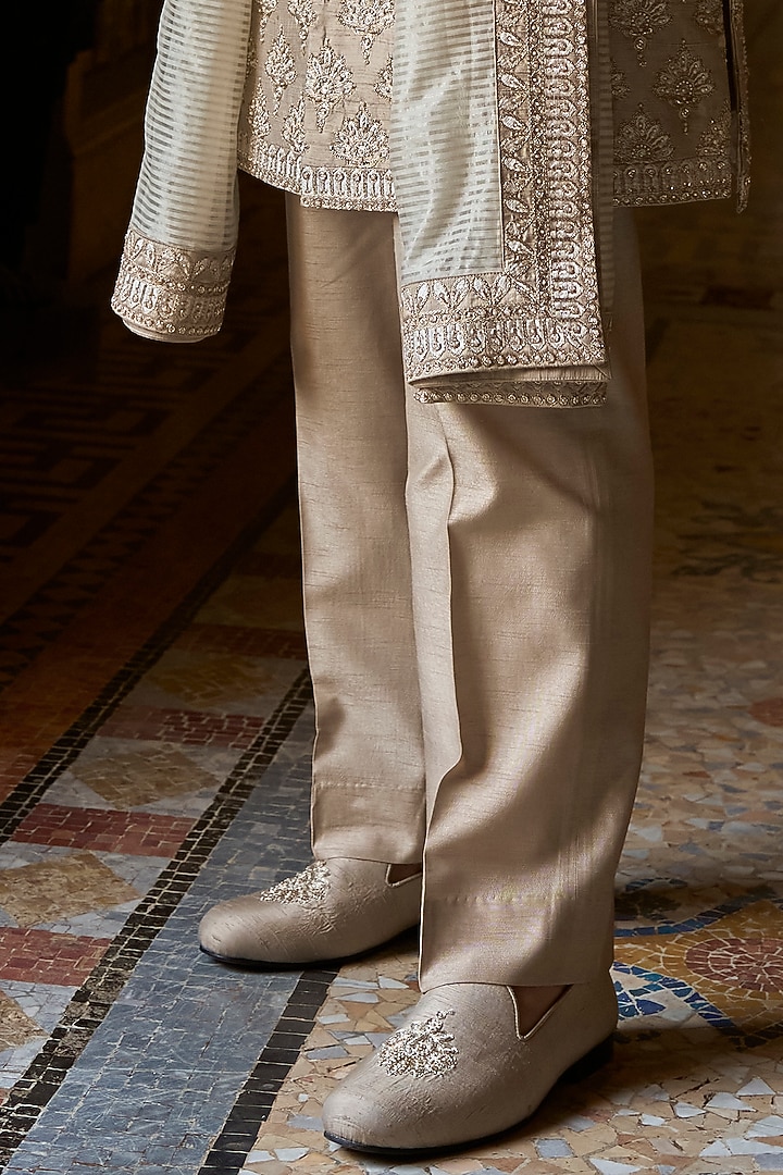 Ash Grey Raw Silk Thread Embroidered Groom Sherwani Set by Seema Gujral Men at Pernia's Pop Up Shop