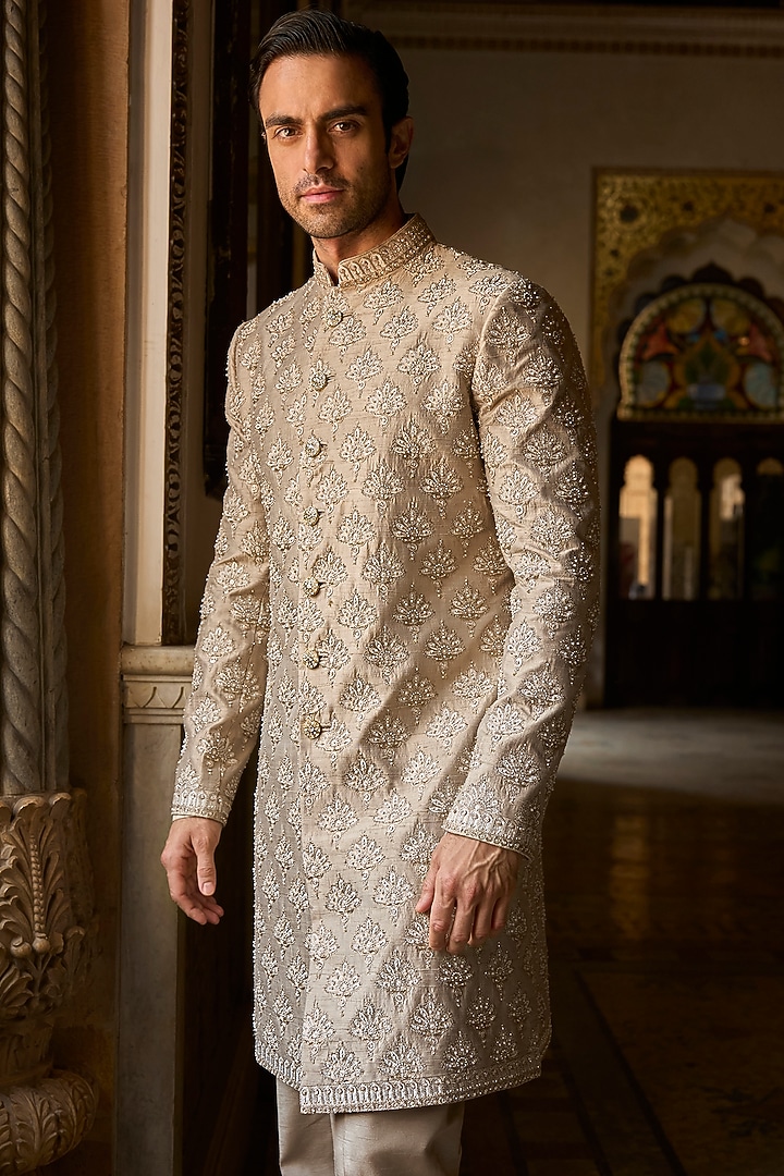 Ash Grey Raw Silk Thread Embroidered Groom Sherwani Set by Seema Gujral Men at Pernia's Pop Up Shop